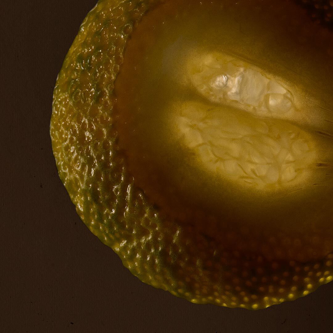 Close-up of a cut citrus fruit with textured rind against a dark background.