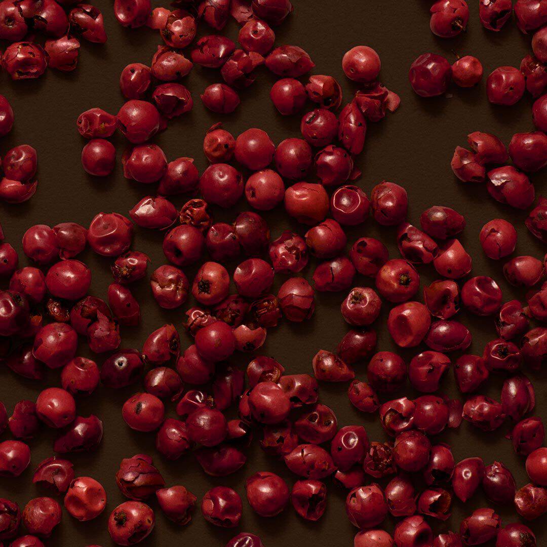 Close-up of red berries scattered across a dark brown surface.