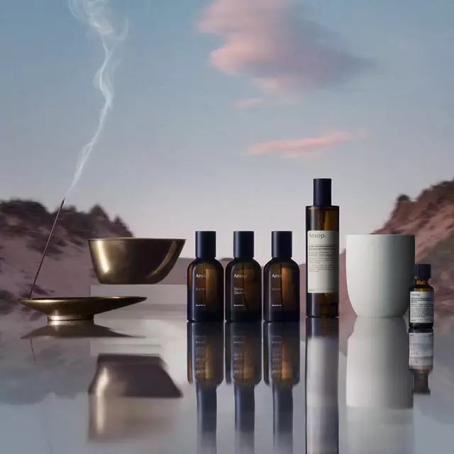 Eine Kollektion von Aesop-Formulierungen, darunter Eaux de Parfum, Raumsprays und atherische Ole, ein Raucherstabchen, das in einem bronzenen Halter brennt, vor einer verschwommenen Berglandschaft, die sich auf einer Oberflache spiegelt.