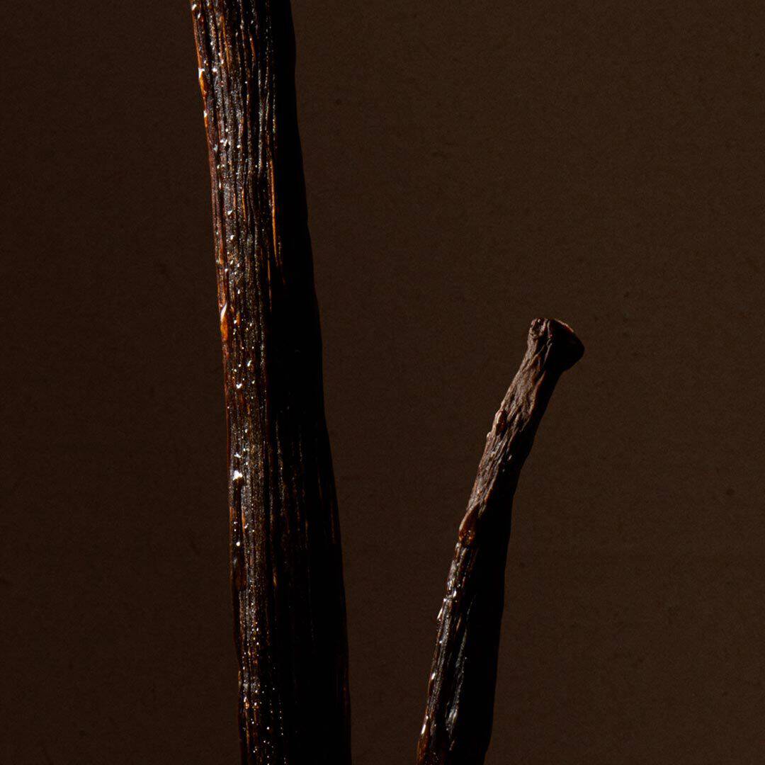 Close-up of dark vanilla pods against a deep brown background.
